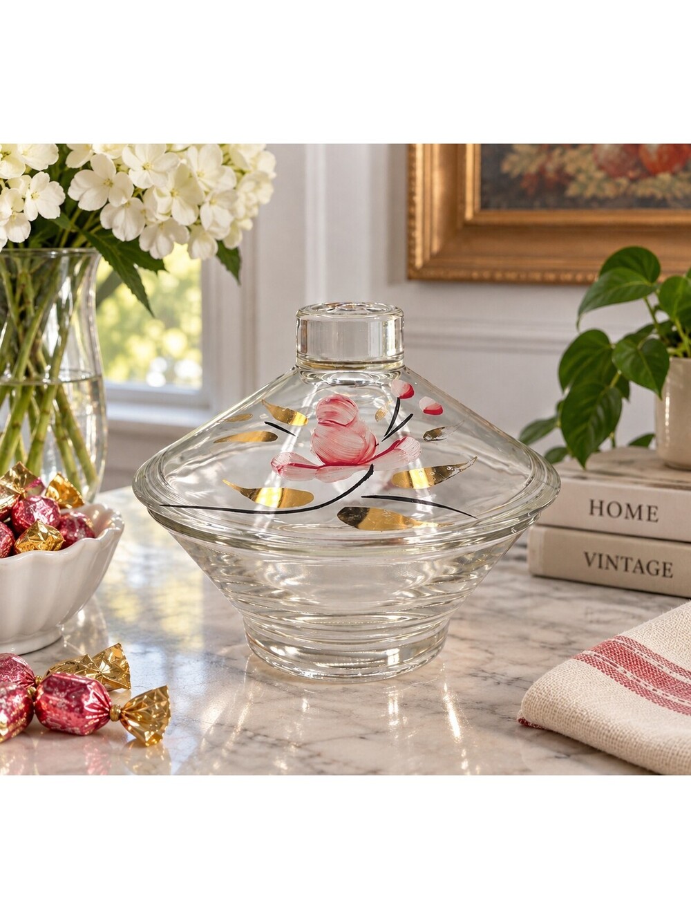 Vintage Hazel Atlas Hand Painted Floral Glass Covered Candy Dish/Vanity Jar